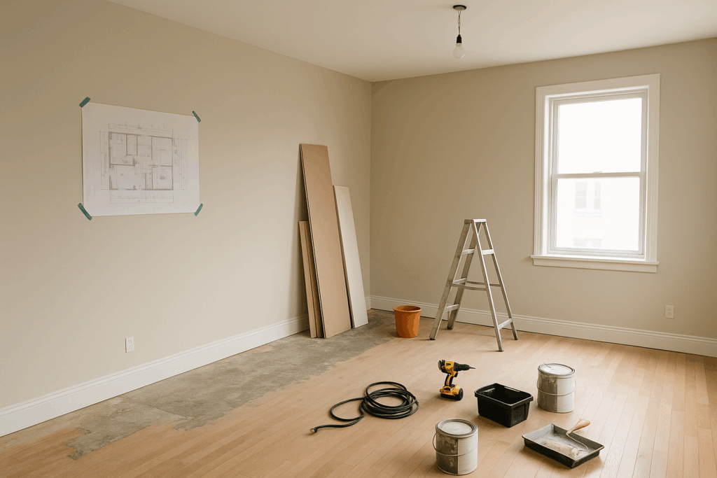 Wnętrze mieszkania w trakcie remontu, z drabiną, narzędziami, planem technicznym na ścianie i rozłożonymi materiałami wykończeniowymi.