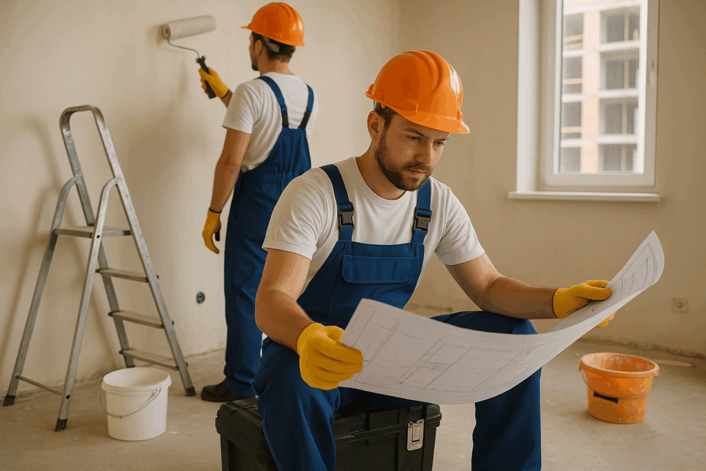 Dwóch pracowników budowlanych podczas remontu mieszkania — jeden analizuje plan prac, drugi maluje ścianę.